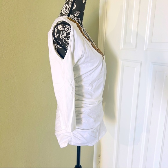 Boston Proper Embellished 3/4 sleeve top Cold Shoulder White with embellishments - Picture 5 of 9